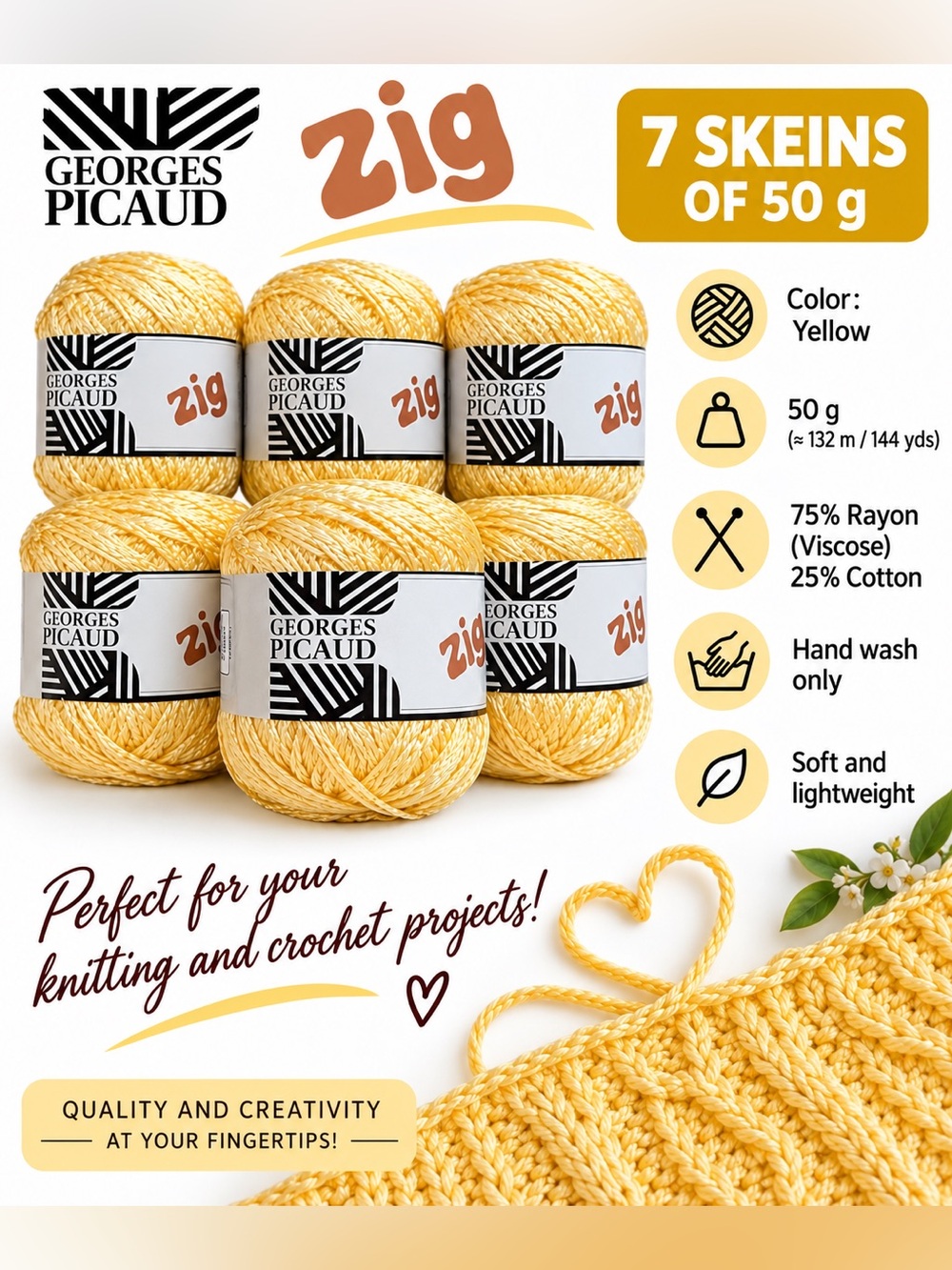 Georges Picaud Zig Yarn - Beautiful Golden Yellow Skeins (7 Pack)